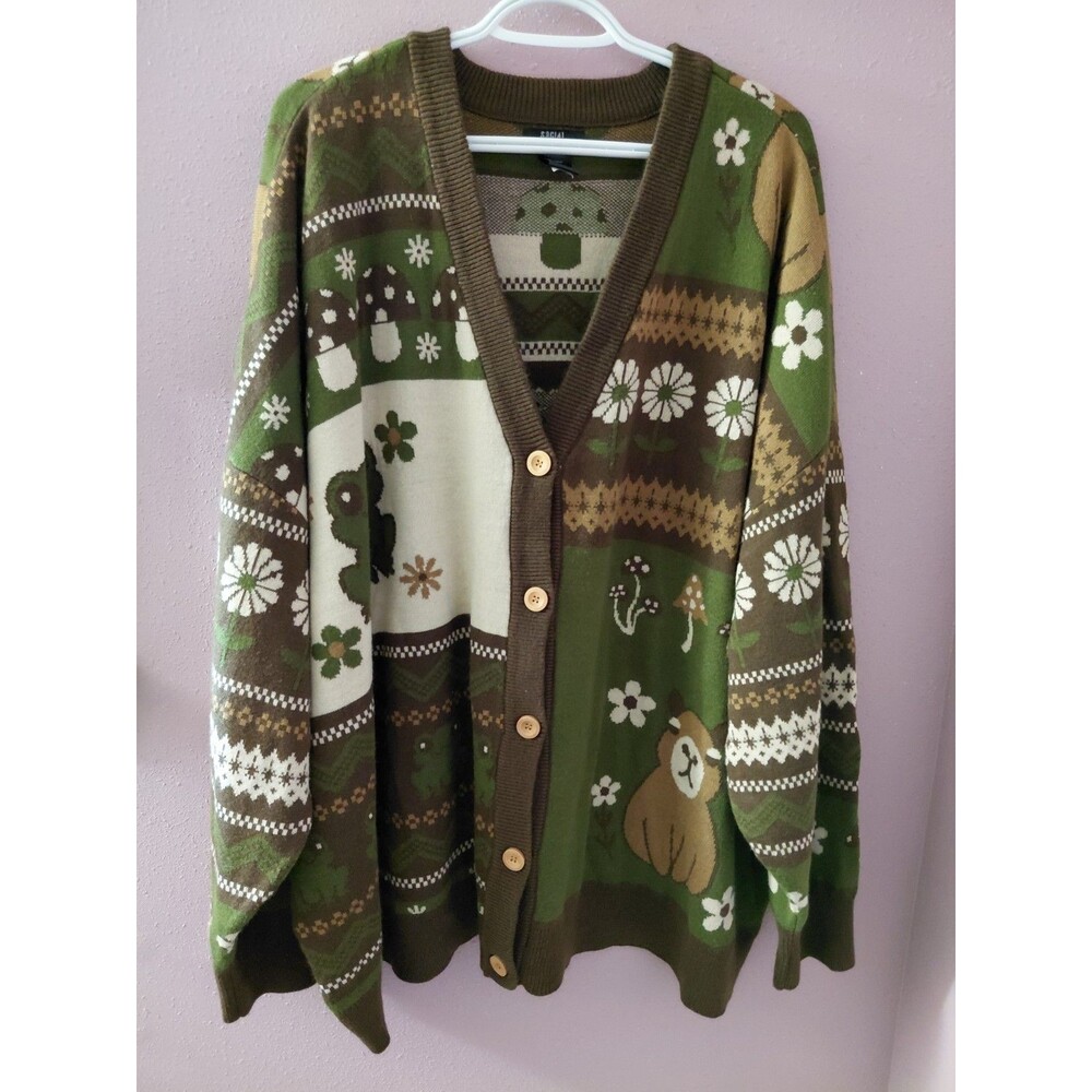 Hot Topic Social Collision Mushroom Capybara Frogs Fair Isle Cardigan Size 5X